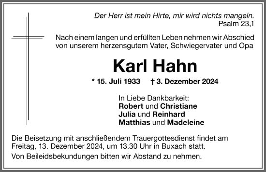 Traueranzeige von Karl Hahn von Memminger Zeitung