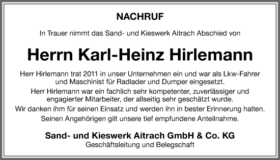 Traueranzeige von Karl-Heinz Hirlemann von Memminger Zeitung