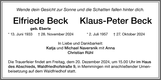 Traueranzeige von Klaus-Peter Beck von Memminger Zeitung