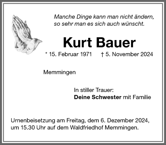Traueranzeige von Kurt Bauer von Memminger Zeitung