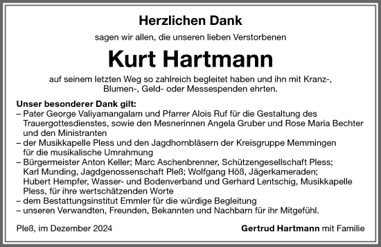 Traueranzeige von Kurt Hartmann von Memminger Zeitung
