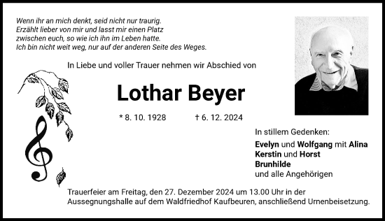 Traueranzeige von Lothar Beyer von Allgäuer Zeitung, Kaufbeuren/Buchloe