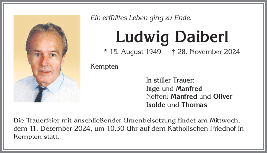 Traueranzeige von Ludwig Daiberl von Allgäuer Zeitung,Kempten