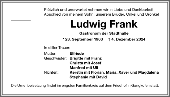 Traueranzeige von Ludwig Frank von Memminger Zeitung