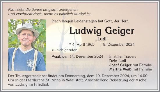 Traueranzeige von Ludwig Geiger von Allgäuer Zeitung, Kaufbeuren/Buchloe