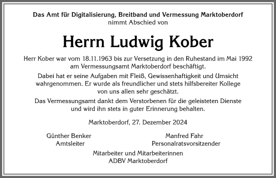 Traueranzeige von Ludwig Kober von Allgäuer Zeitung, Marktoberdorf