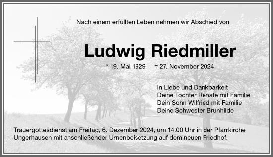 Traueranzeige von Ludwig Riedmiller von Memminger Zeitung