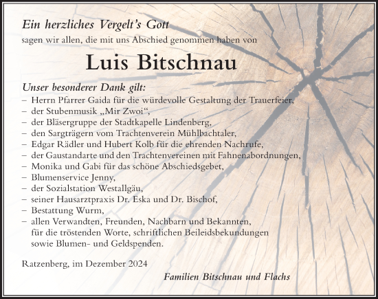 Traueranzeige von Luis Bitschnau von Der Westallgäuer