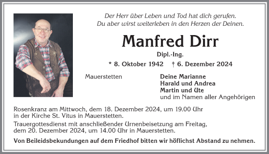 Traueranzeige von Manfred Dirr von Allgäuer Zeitung, Kaufbeuren/Buchloe