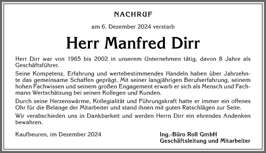 Traueranzeige von Manfred Dirr von Allgäuer Zeitung, Kaufbeuren/Buchloe