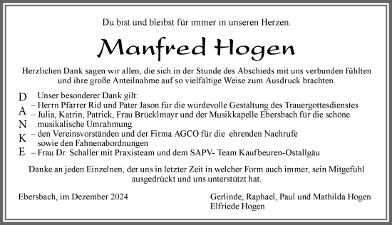 Traueranzeige von Manfred Hogen von Allgäuer Zeitung, Marktoberdorf
