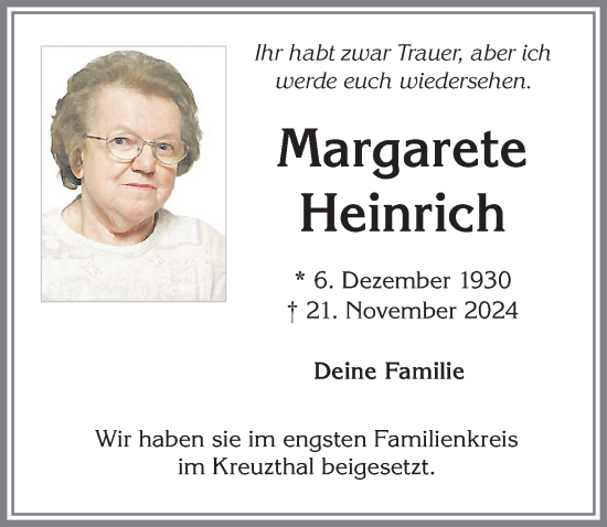Traueranzeige von Margarete Heinrich von Allgäuer Zeitung,Kempten