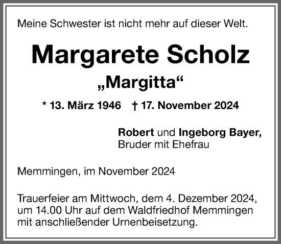 Traueranzeige von Margarete Scholz von Memminger Zeitung