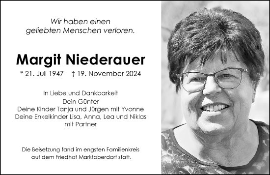 Traueranzeige von Margit Niederauer von Allgäuer Zeitung, Marktoberdorf