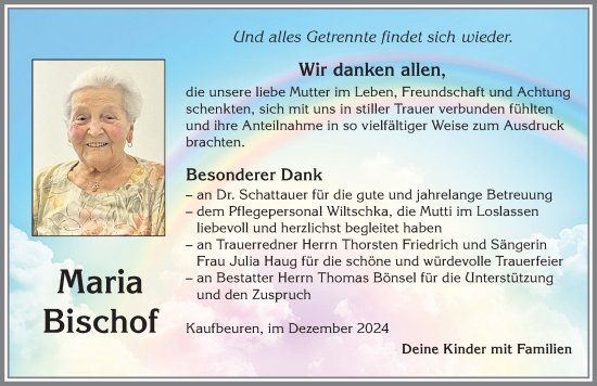 Traueranzeige von Maria Bischof von Allgäuer Zeitung, Kaufbeuren/Buchloe