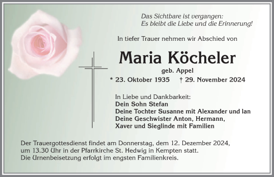 Traueranzeige von Maria Köcheler von Allgäuer Zeitung,Kempten