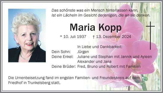 Traueranzeige von Maria Kopp von Memminger Zeitung