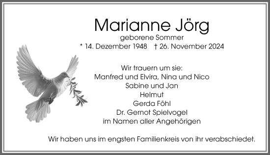 Traueranzeige von Marianne Jörg von Memminger Zeitung