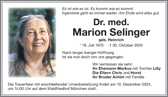 Traueranzeige von Marion Selinger von Memminger Zeitung