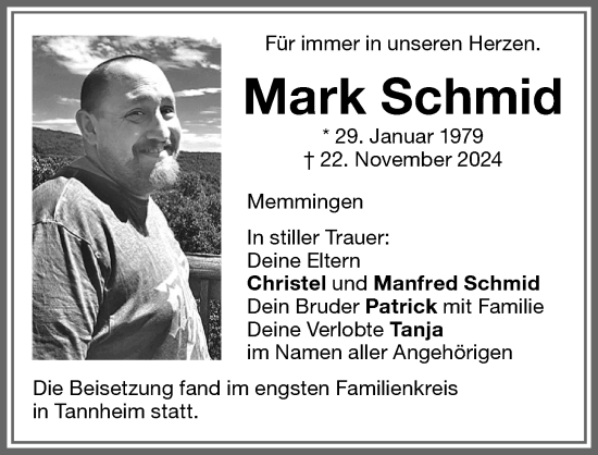 Traueranzeige von Mark Schmid von Memminger Zeitung