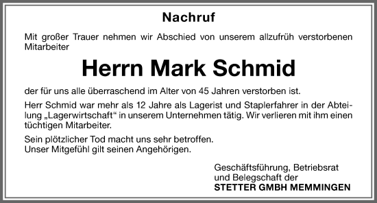 Traueranzeige von Mark Schmid von Memminger Zeitung