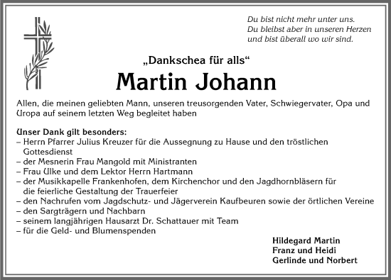 Traueranzeige von Martin Johann von Allgäuer Zeitung, Kaufbeuren/Buchloe
