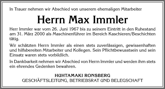 Traueranzeige von Max Immler von Allgäuer Zeitung, Marktoberdorf