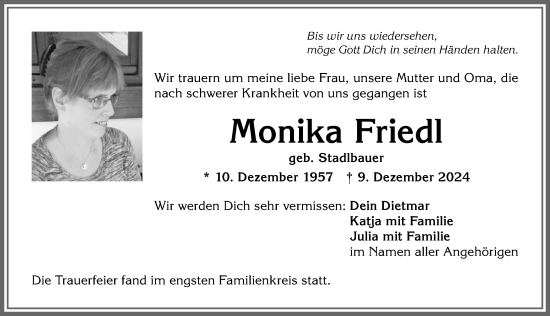 Traueranzeige von Monika Friedl von Allgäuer Anzeigeblatt