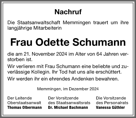 Traueranzeige von Odette Schumann von Memminger Zeitung