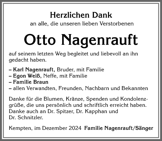 Traueranzeige von Otto Nagenrauft von Allgäuer Zeitung,Kempten