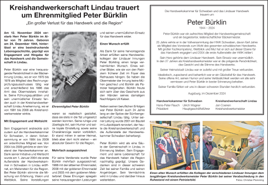 Traueranzeige von Peter Bürklin von Der Westallgäuer