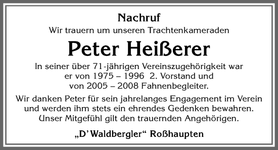 Traueranzeige von Peter Heißerer von Allgäuer Zeitung, Füssen