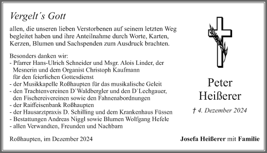 Traueranzeige von Peter Heißerer von Allgäuer Zeitung, Füssen