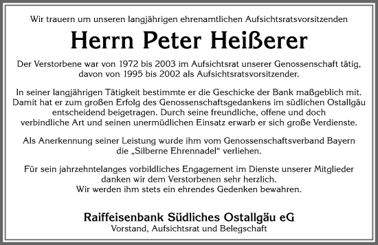 Traueranzeige von Peter Heißerer von Allgäuer Zeitung, Füssen