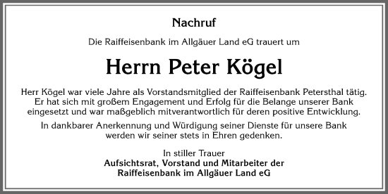 Traueranzeige von Peter Kögel von Allgäuer Anzeigeblatt