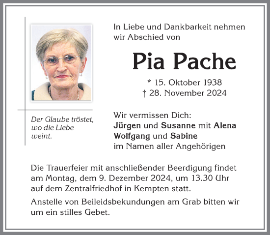 Traueranzeige von Pia Pache von Allgäuer Zeitung,Kempten