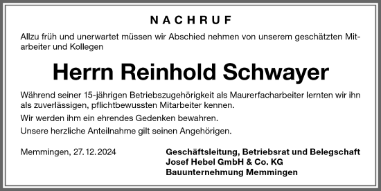 Traueranzeige von Reinhold Schwayer von Memminger Zeitung