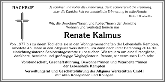 Traueranzeige von Renate Kalmus von Allgäuer Zeitung,Kempten