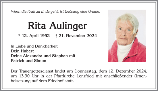 Traueranzeige von Rita Aulinger von Allgäuer Zeitung,Kempten