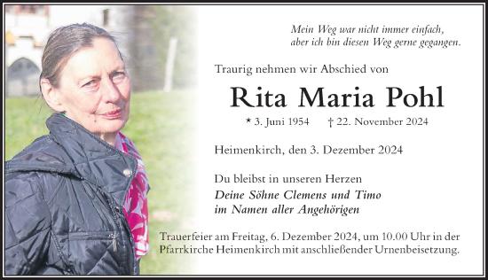 Traueranzeige von Rita Maria Pohl von Der Westallgäuer