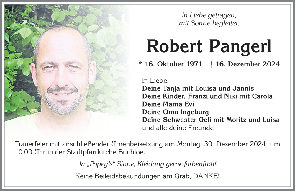  Traueranzeige für Robert Pangerl vom 21.12.2024 aus Allgäuer Zeitung, Kaufbeuren/Buchloe