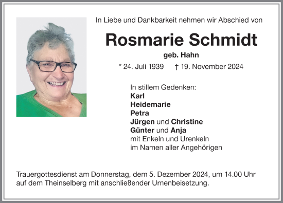 Traueranzeige von Rosmarie Schmidt von Memminger Zeitung
