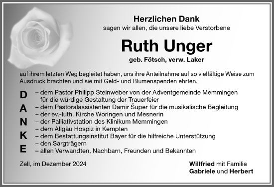 Traueranzeige von Ruth Unger von Memminger Zeitung