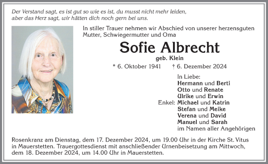 Traueranzeige von Sofie Albrecht von Allgäuer Zeitung, Kaufbeuren/Buchloe