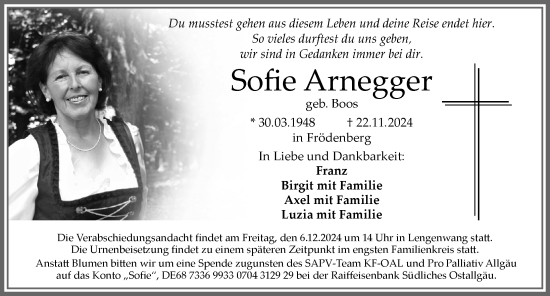 Traueranzeige von Sofie Arnegger von Allgäuer Zeitung, Marktoberdorf