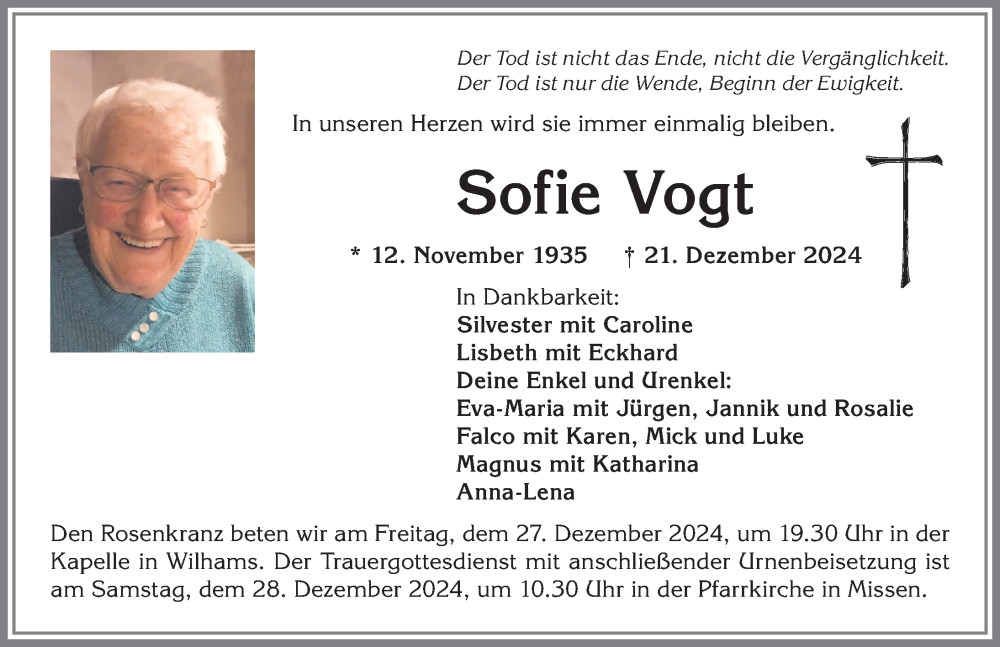  Traueranzeige für Sofie Vogt vom 24.12.2024 aus Allgäuer Anzeigeblatt