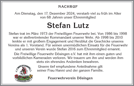 Traueranzeige von Stefan Lutz von Allgäuer Zeitung, Kaufbeuren/Buchloe