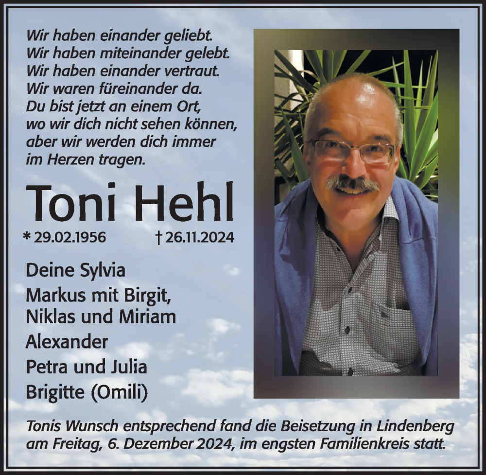  Traueranzeige für Toni Hehl vom 07.12.2024 aus Der Westallgäuer