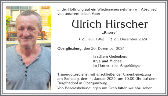 Traueranzeige von Ulrich Hirscher von Allgäuer Zeitung, Marktoberdorf
