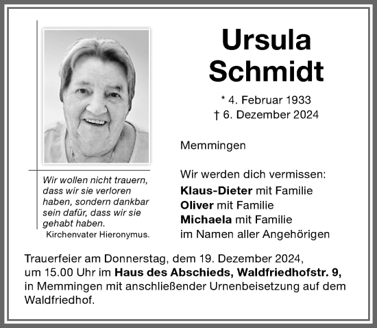 Traueranzeige von Ursula Schmidt von Memminger Zeitung